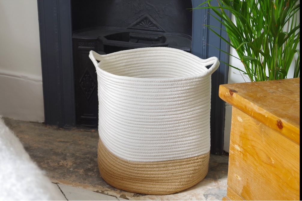 Laundry Jute And White Cotton Rope Basket With Handles