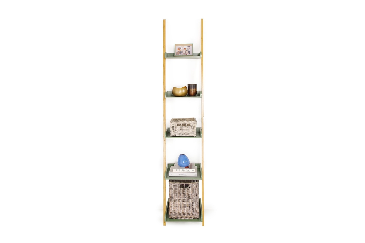 Narrow Bamboo and Olive Green Ladder Shelf