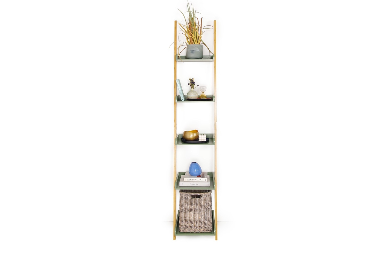 Narrow Bamboo and Olive Green Ladder Shelf