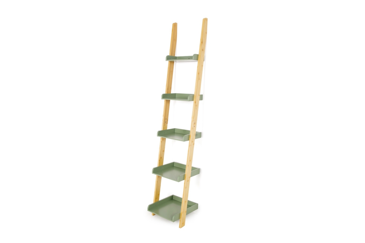 Narrow Bamboo and Olive Green Ladder Shelf