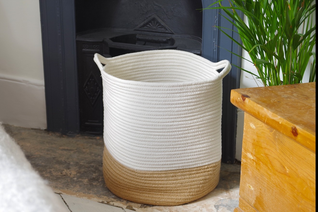 Laundry Jute And White Cotton Rope Basket With Handles