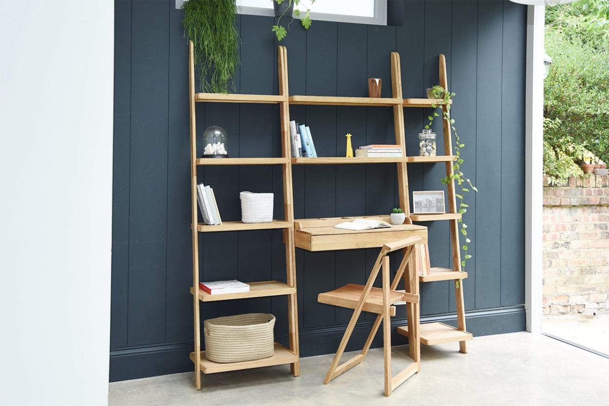 Leaning Ladder Shelves Set Against Dark Wall