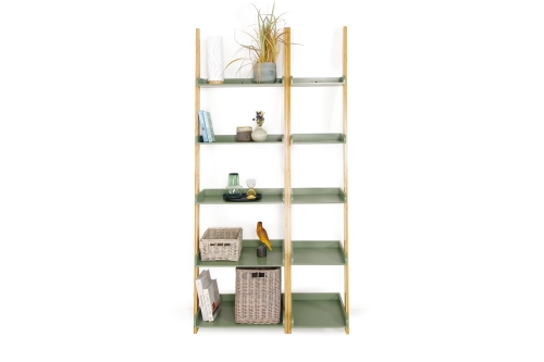 Narrow Bamboo and Olive Green Ladder Shelf