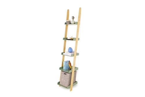 Narrow Bamboo and Olive Green Ladder Shelf