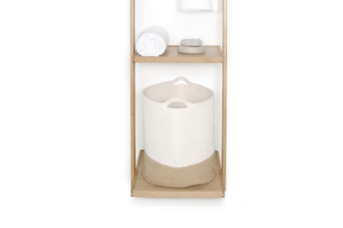 FC Oak Leaning Laundry Station with  Jute And White Cotton Rope Basket With Handles